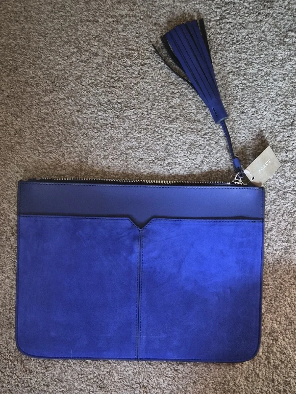 NWT J. Crew Electric Blue Suede & Leather Tassel Zip Clutch